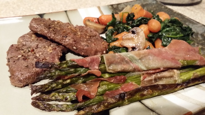 Venison Loin Chops with Roasted Carrots, Spinach & Mushrooms with Prosciutto Wrapped Asparagus